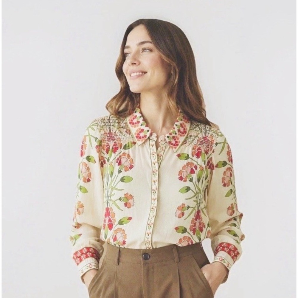 Elizabeth James The Label Linen Blend Floral Top Boho Coastal Pink Womens XL